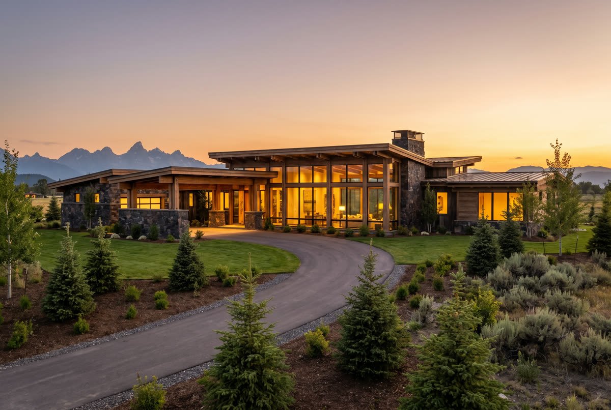 Concept render: a mountain-modern home at golden hour with the Tetons behind