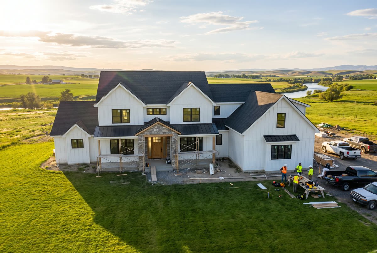 Concept render: a modern farmhouse nearing completion