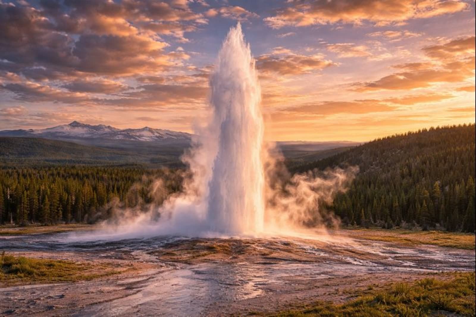 Old Faithful erupting at sunset